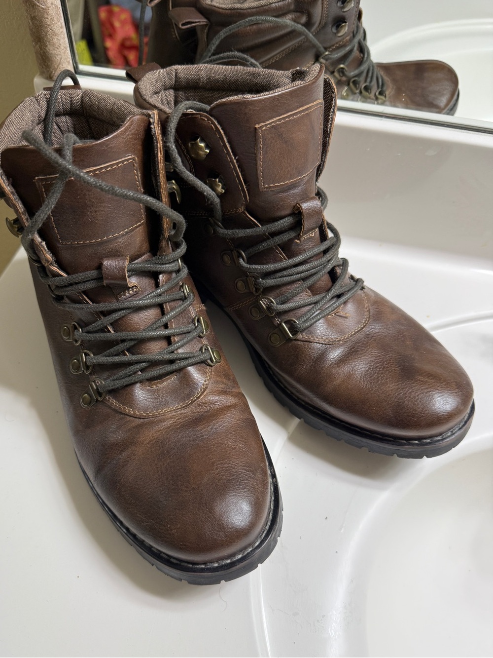 SM New York Graham Mens Size 9.5 Brown Faux Leather Lace Up Combat Hiking Boots